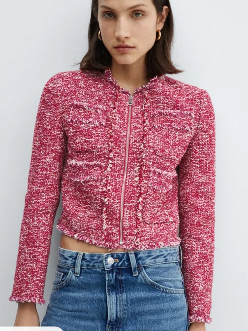 Mango Pink Tweed Zip-Front Jacket